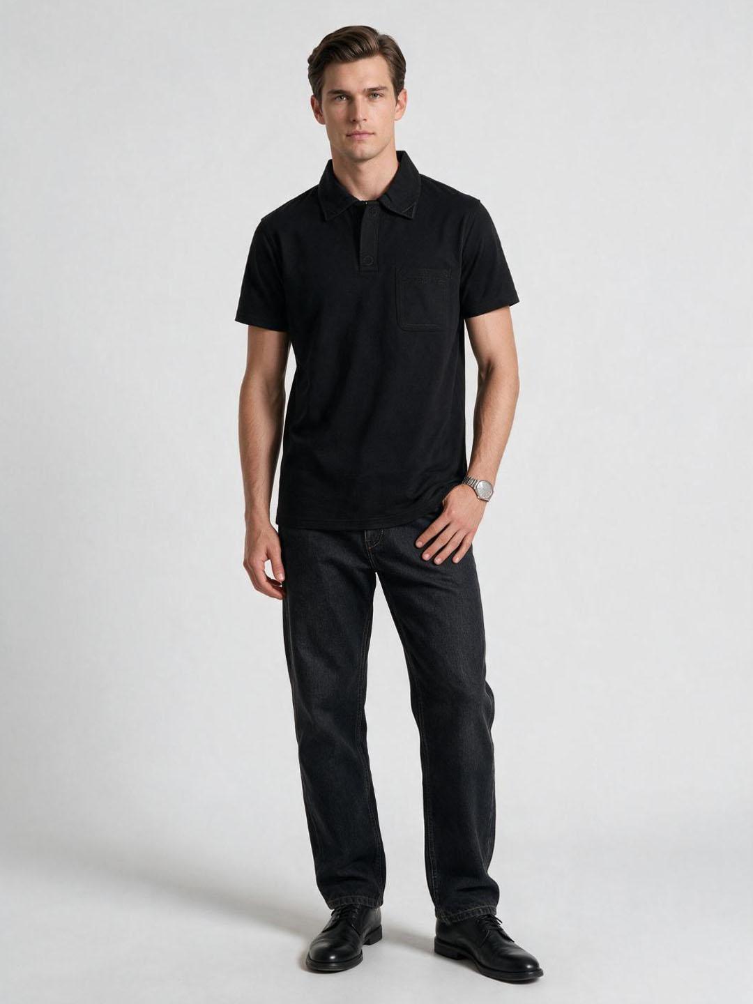 Iconic Men Black Solid Regular Fit Polo T-Shirt