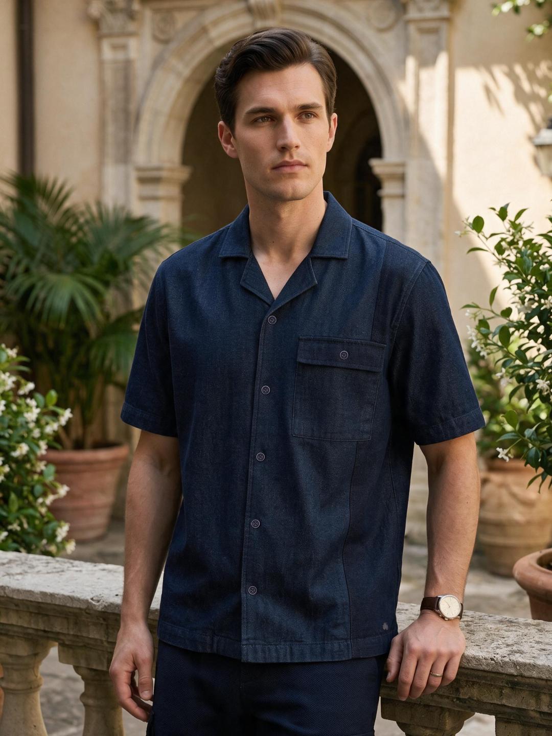 Iconic Men Dark Navy Solid Cotton Resort Fit Shirt