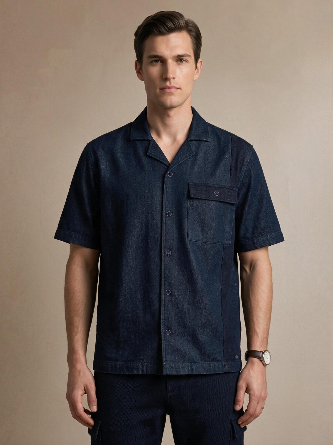Iconic Men Dark Navy Solid Cotton Resort Fit Shirt