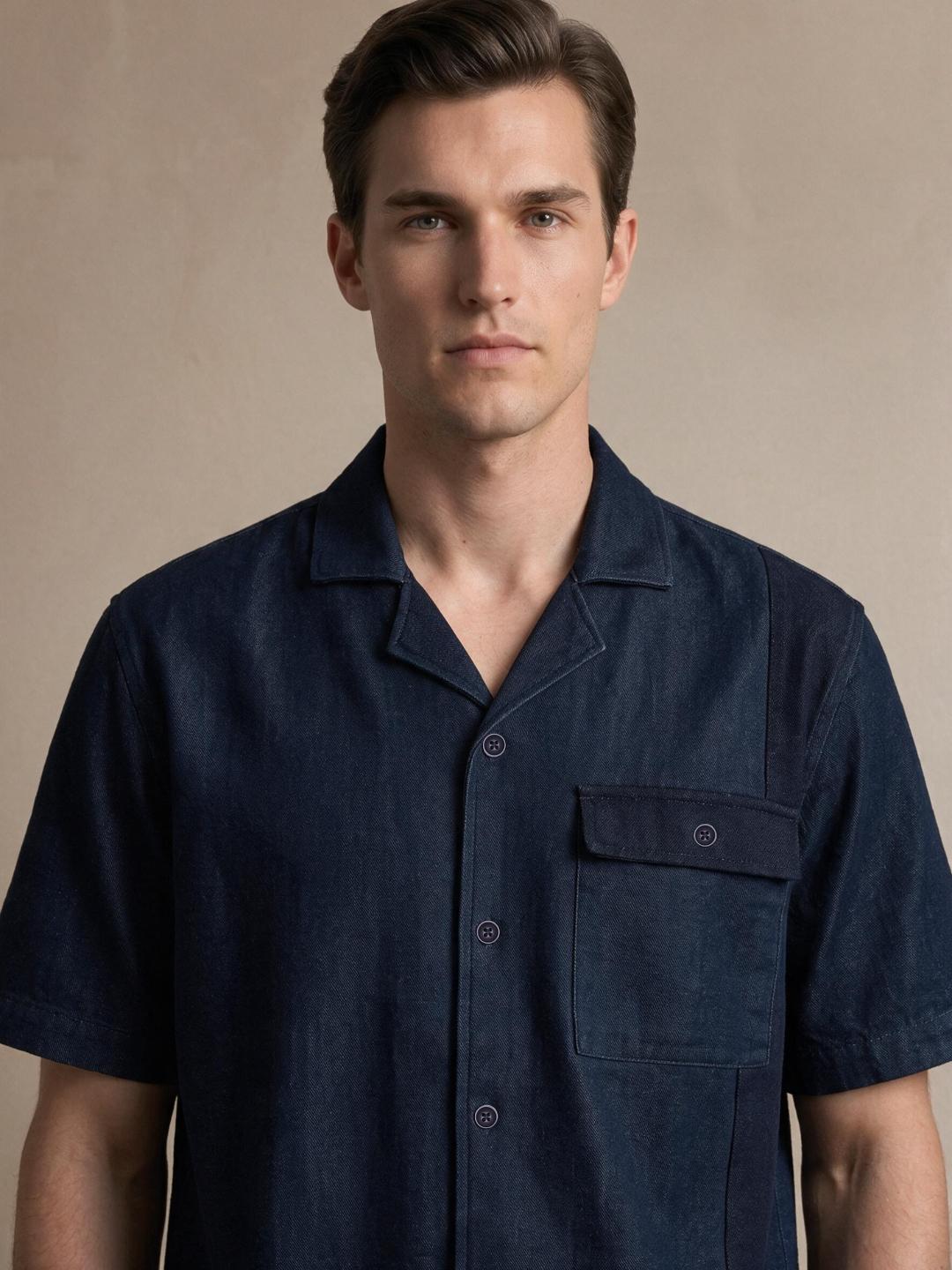 Iconic Men Dark Navy Solid Cotton Resort Fit Shirt