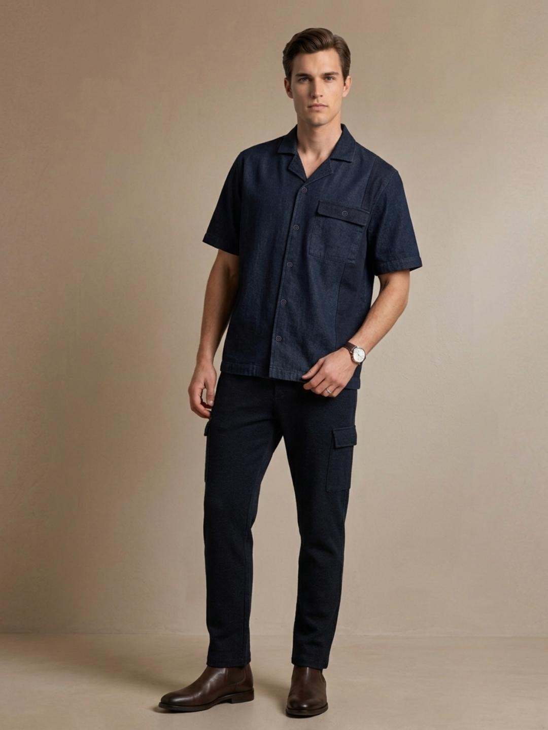 Iconic Men Dark Navy Solid Cotton Resort Fit Shirt