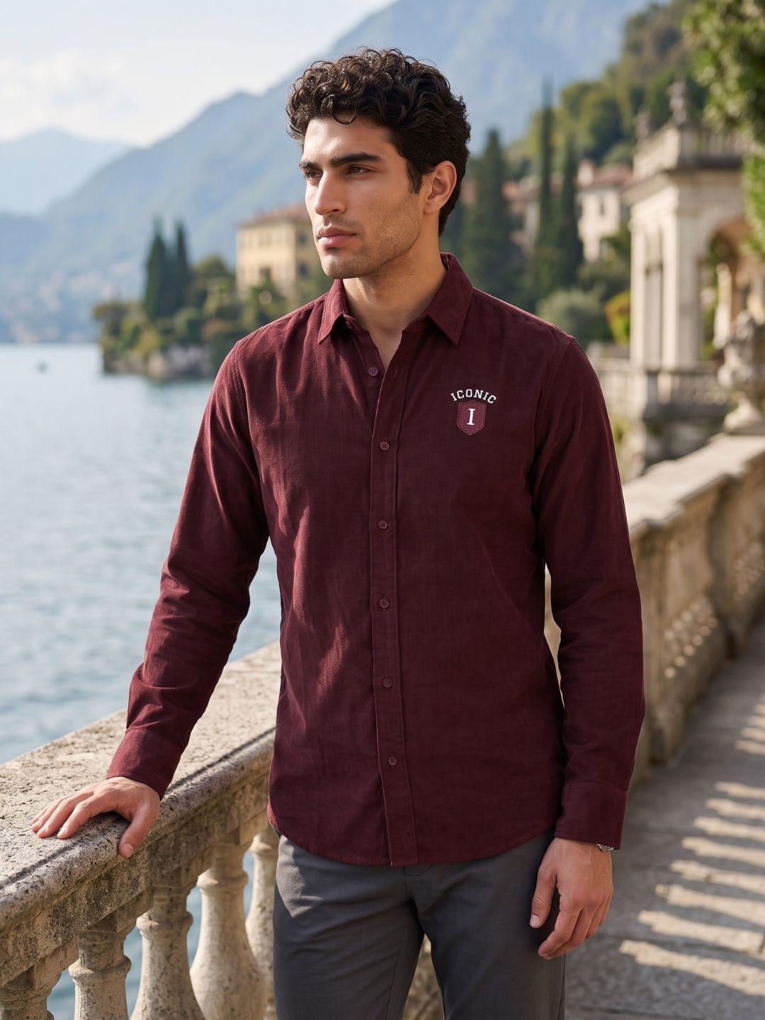 Iconic Men Wine Regular Fit Solid Corduroy Shirt