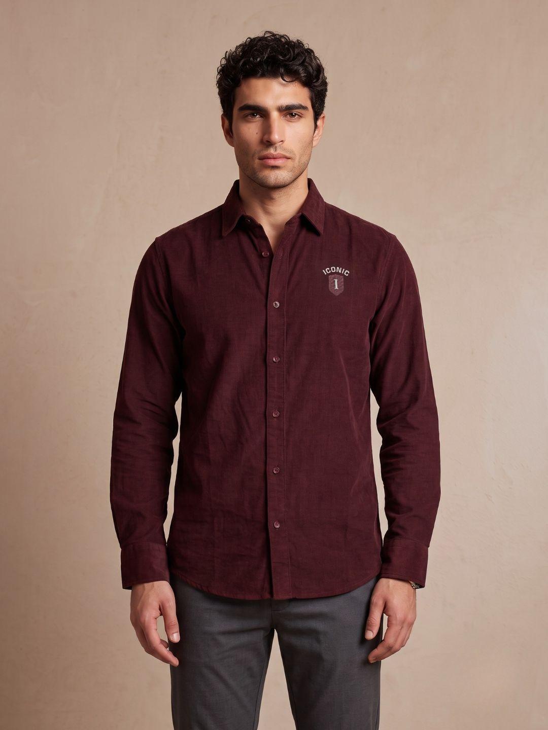 Iconic Men Wine Regular Fit Solid Corduroy Shirt