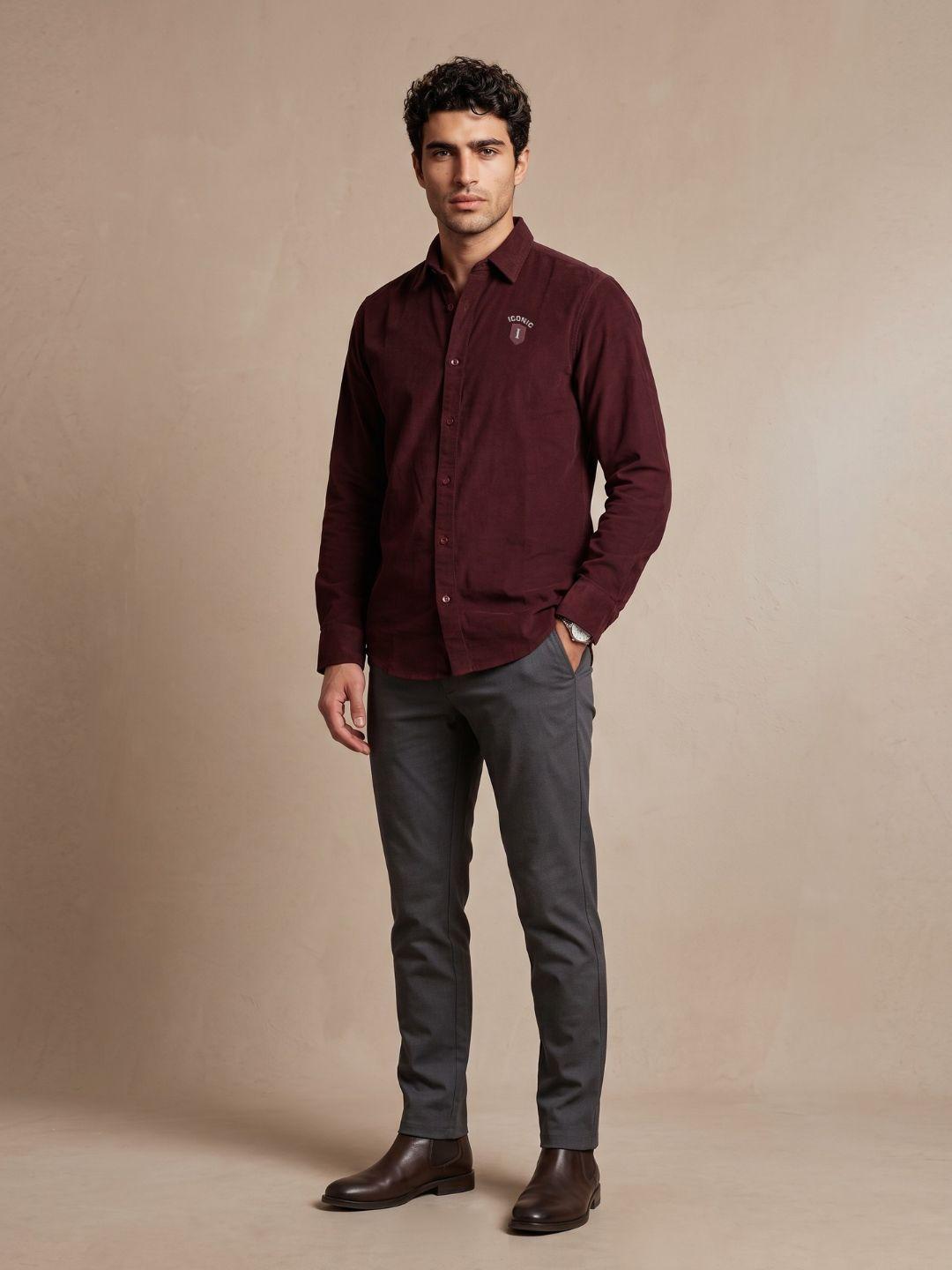 Iconic Men Wine Regular Fit Solid Corduroy Shirt