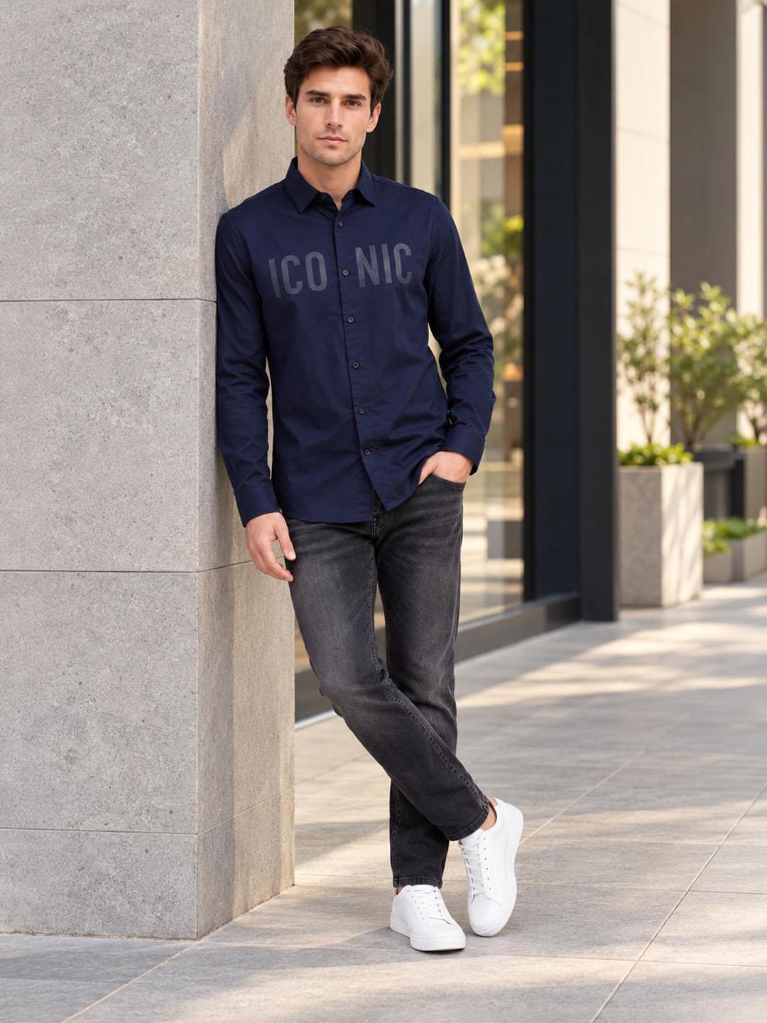 Iconic Men Navy Blue Solid Straight Fit Cotton Shirt