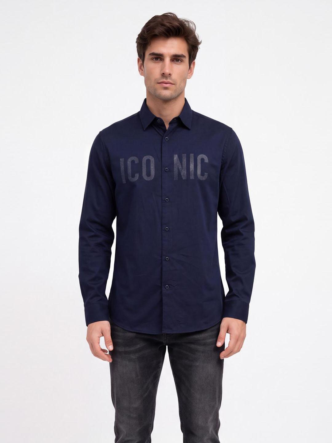 Iconic Men Navy Blue Solid Straight Fit Cotton Shirt