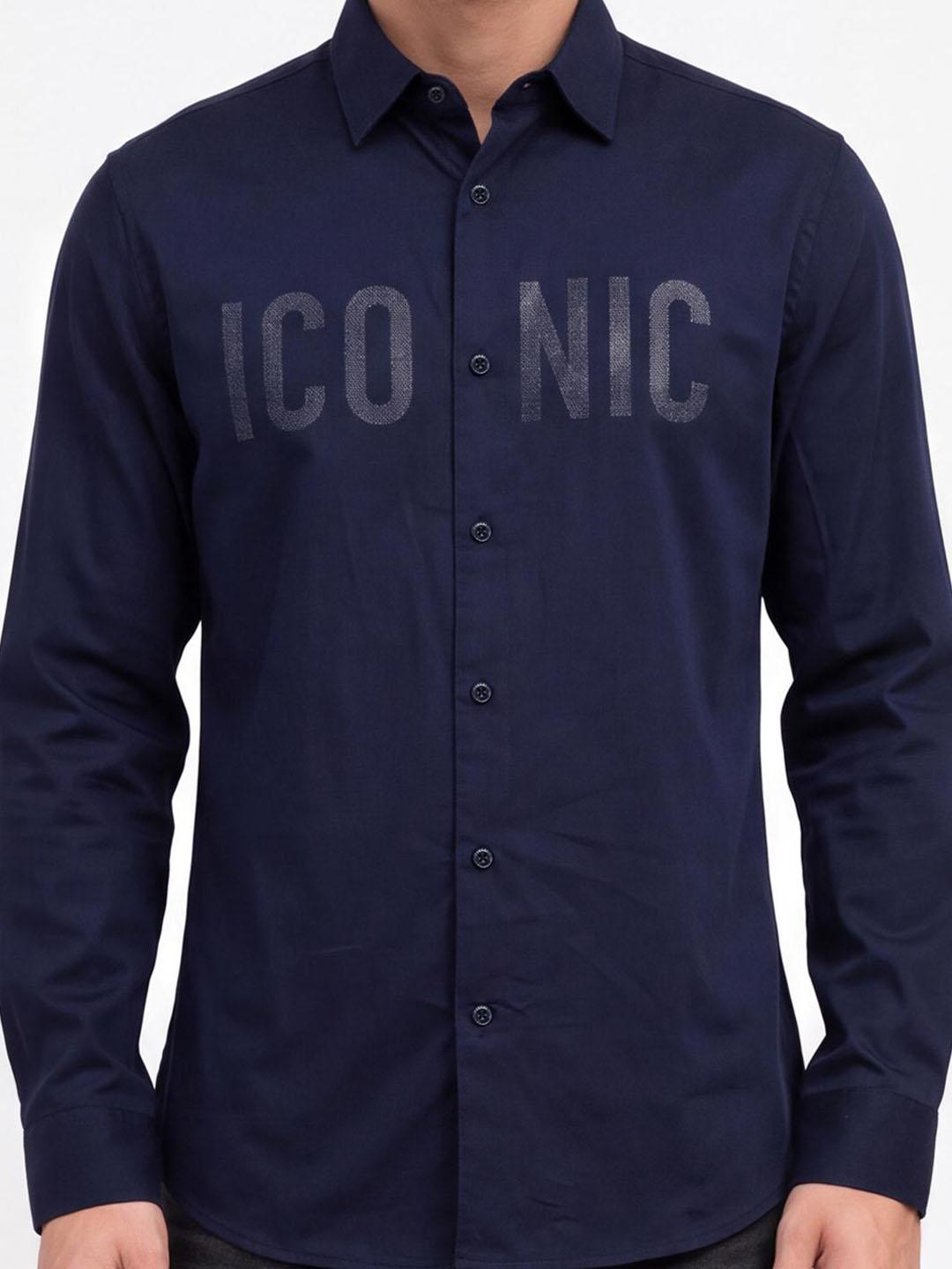 Iconic Men Navy Blue Solid Straight Fit Cotton Shirt