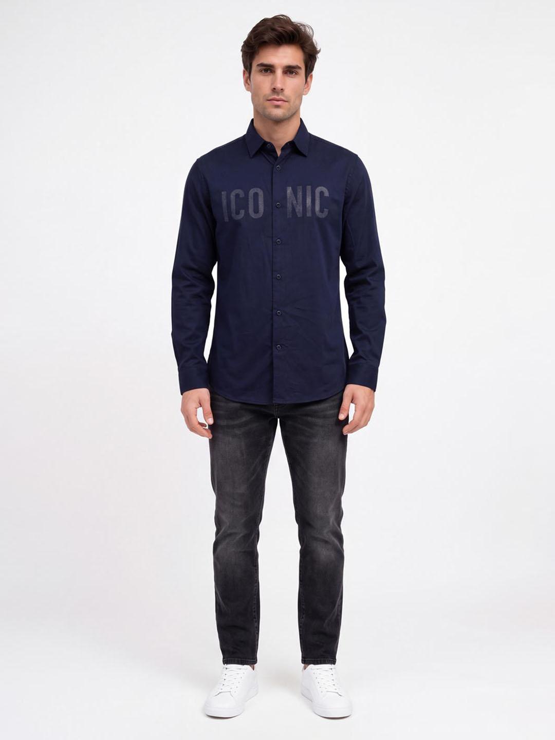 Iconic Men Navy Blue Solid Straight Fit Cotton Shirt