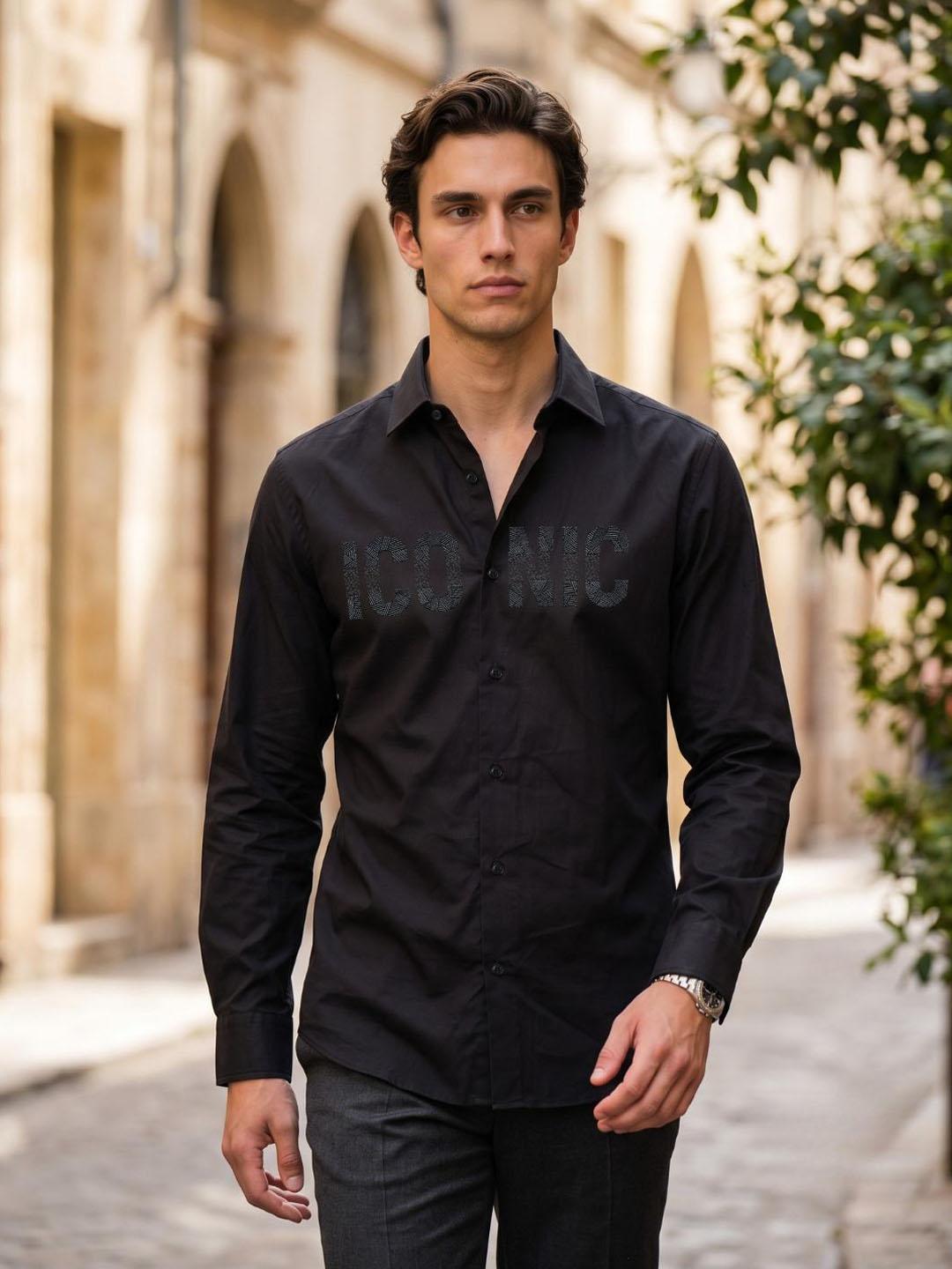 Iconic Men Black Graphic Straight Fit Cotton Shirt