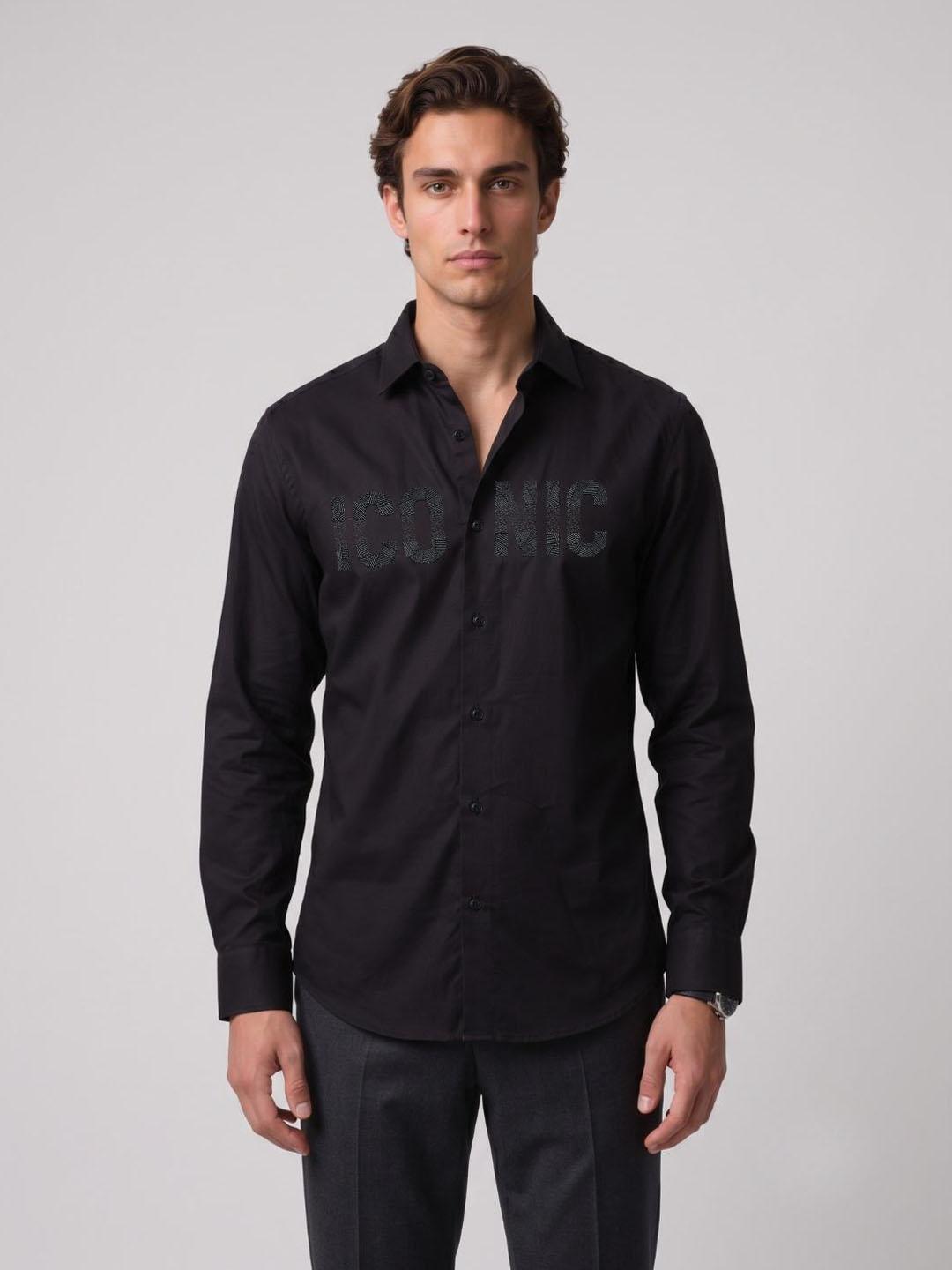 Iconic Men Black Graphic Straight Fit Cotton Shirt