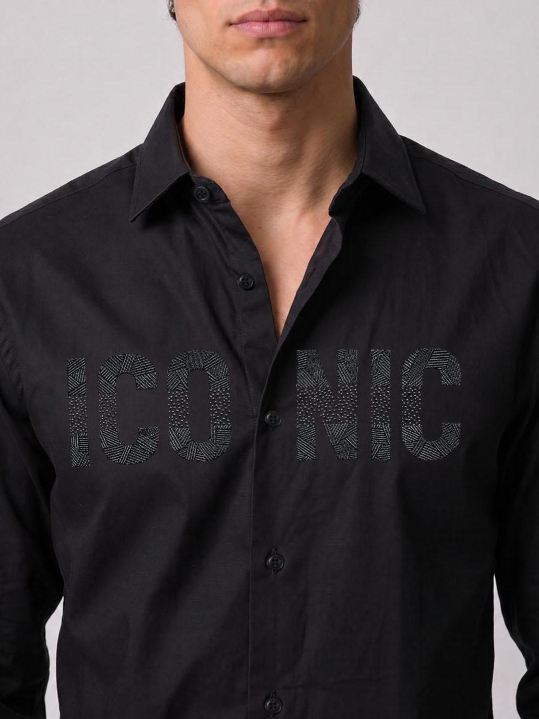 Iconic Men Black Graphic Straight Fit Cotton Shirt