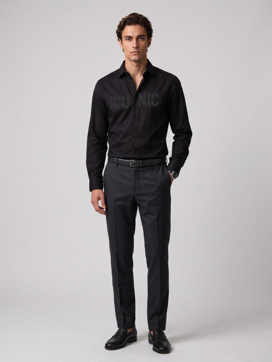 Iconic Men Black Graphic Straight Fit Cotton Shirt