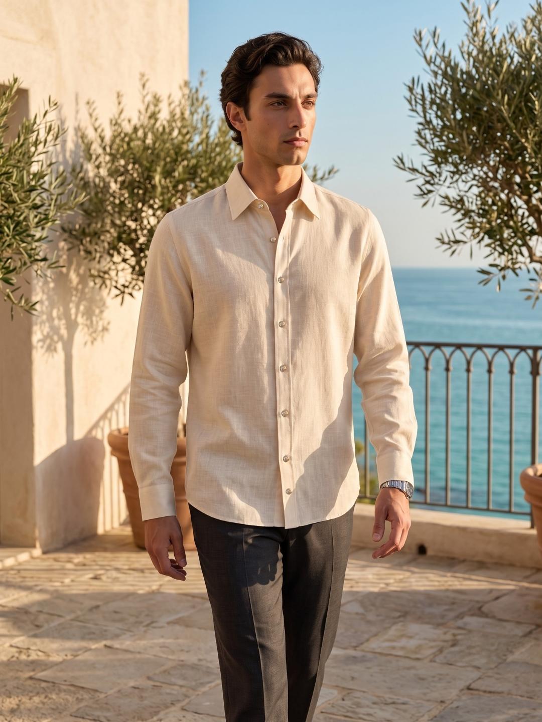 Iconic Men Beige Solid Regular Fit Linen Shirt