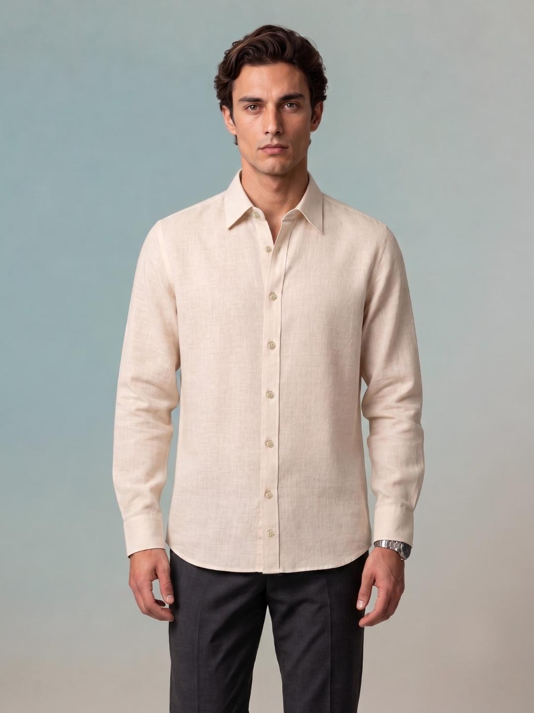 Iconic Men Beige Solid Regular Fit Linen Shirt