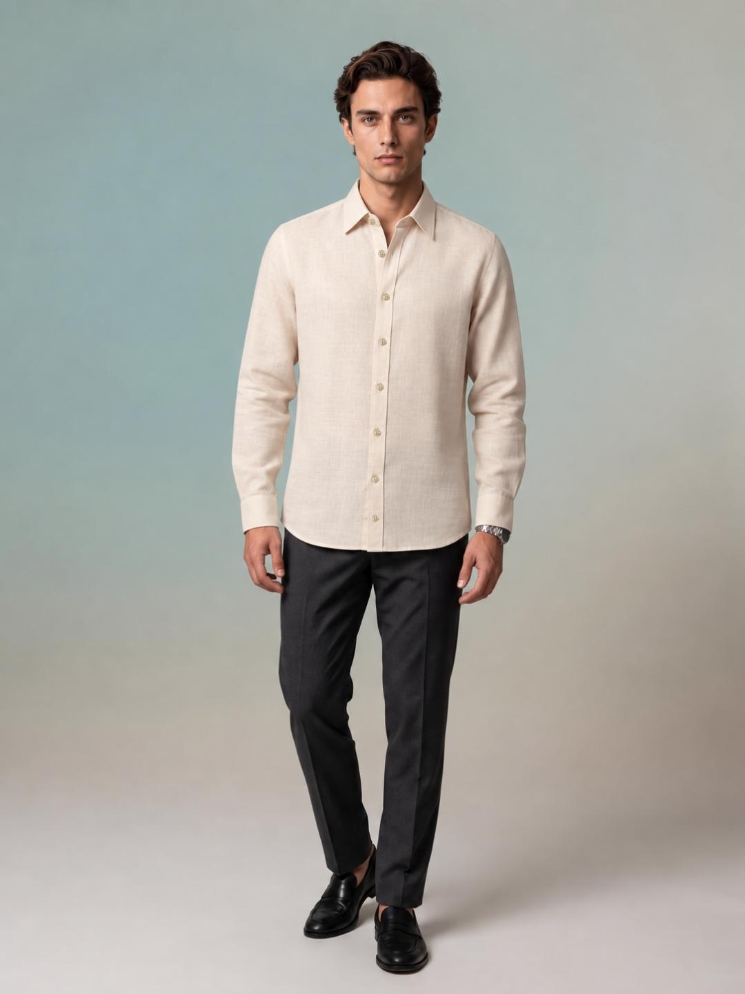 Iconic Men Beige Solid Regular Fit Linen Shirt