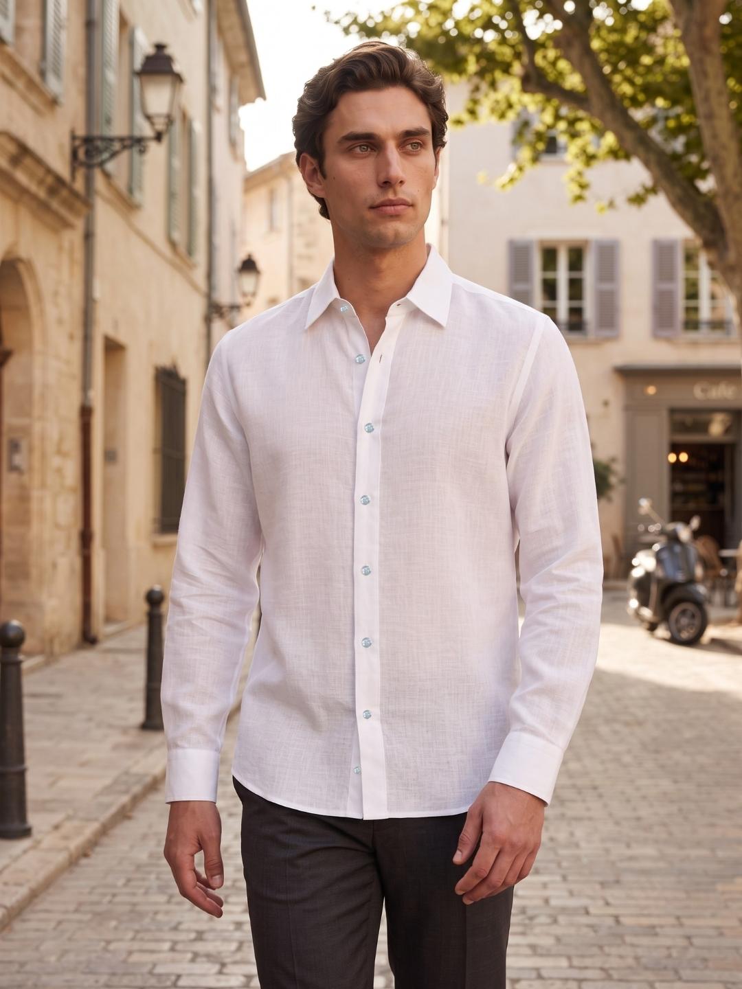 Iconic Men White Straight Fit Solid Linen Shirt
