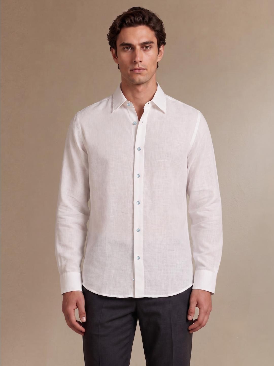 Iconic Men White Straight Fit Solid Linen Shirt