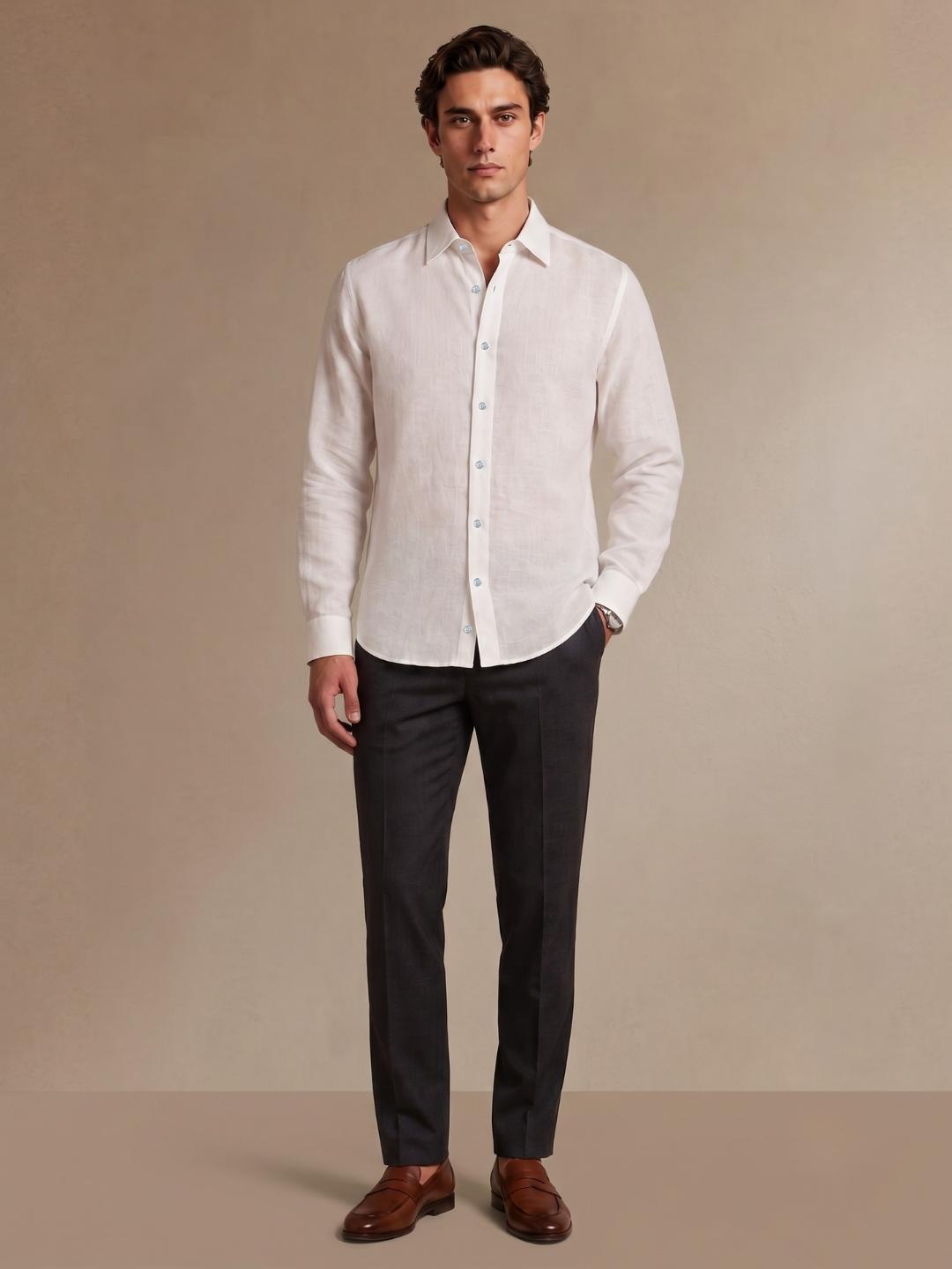 Iconic Men White Straight Fit Solid Linen Shirt