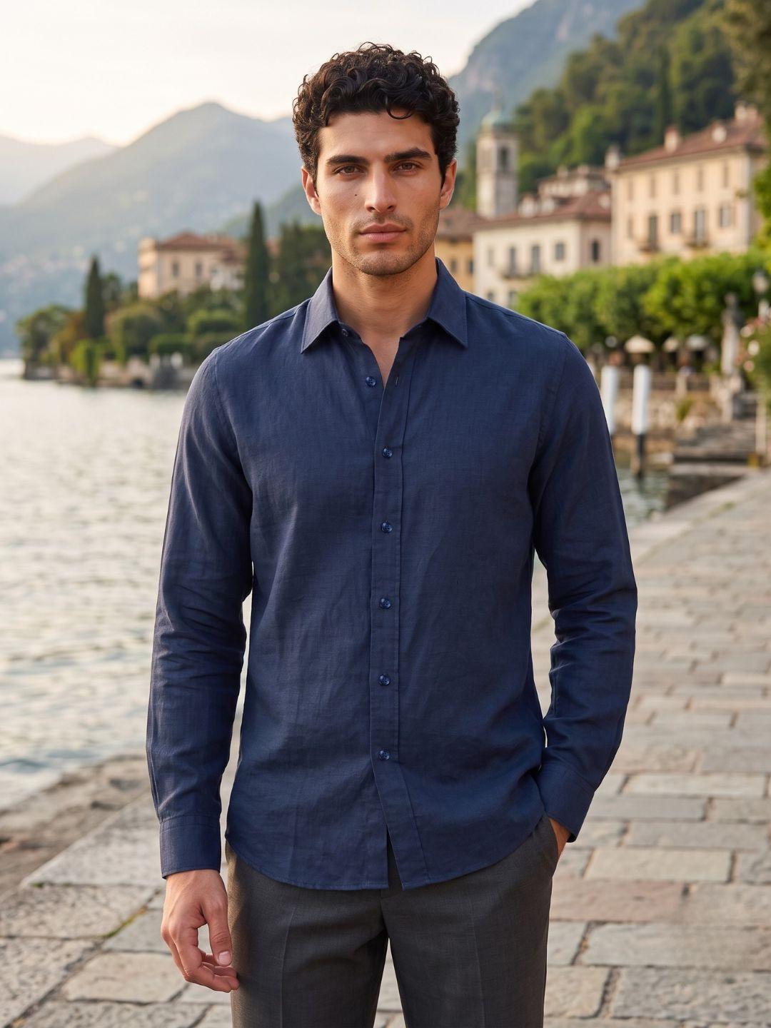 Iconic Men Navy Solid Regular Fit Linen Shirt