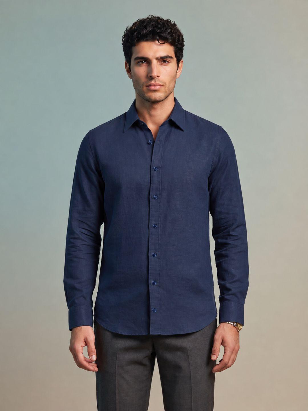Iconic Men Navy Solid Regular Fit Linen Shirt