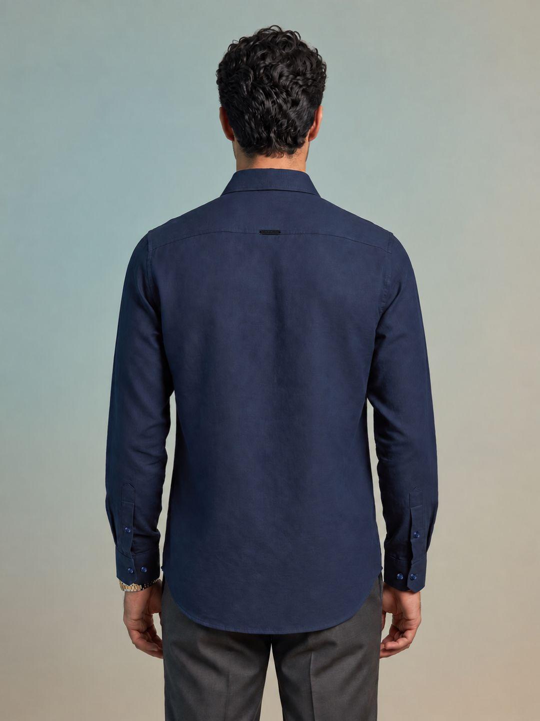 Iconic Men Navy Solid Regular Fit Linen Shirt