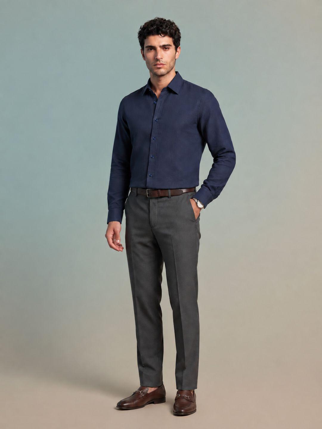 Iconic Men Navy Solid Regular Fit Linen Shirt