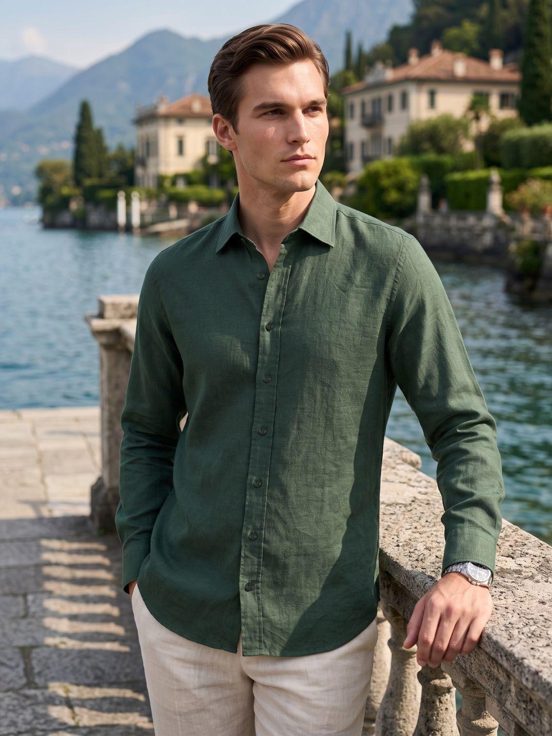 Iconic Men Green Solid Straight Fit Linen Shirt