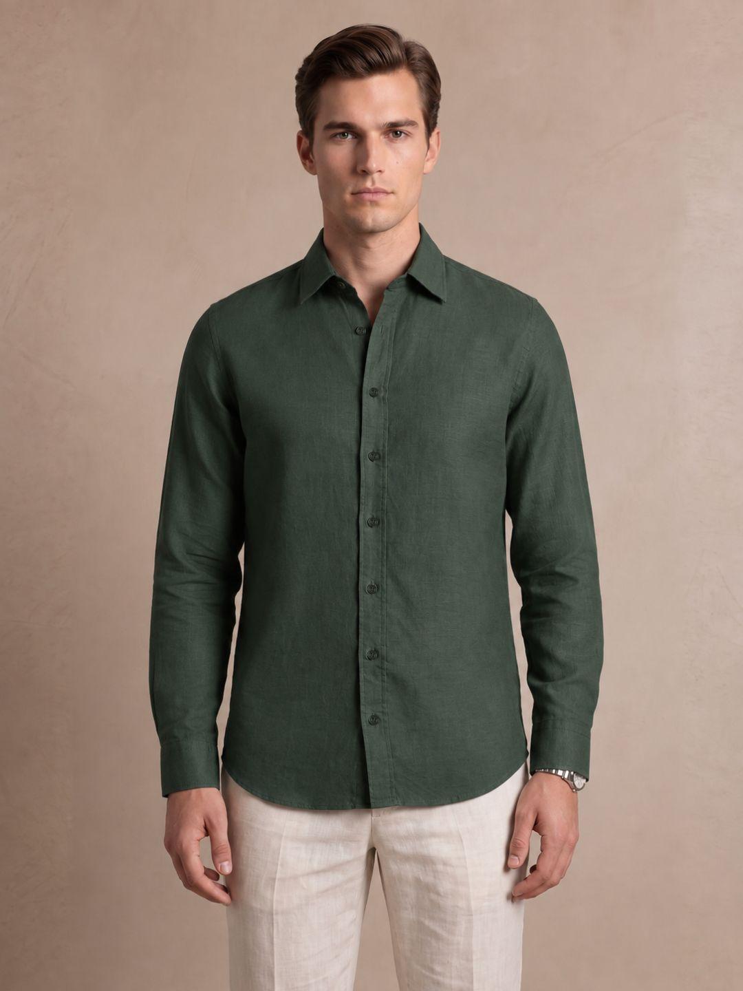 Iconic Men Green Solid Straight Fit Linen Shirt
