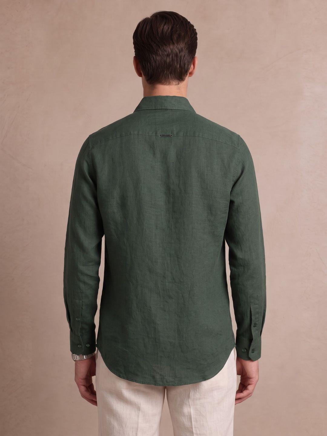 Iconic Men Green Solid Straight Fit Linen Shirt