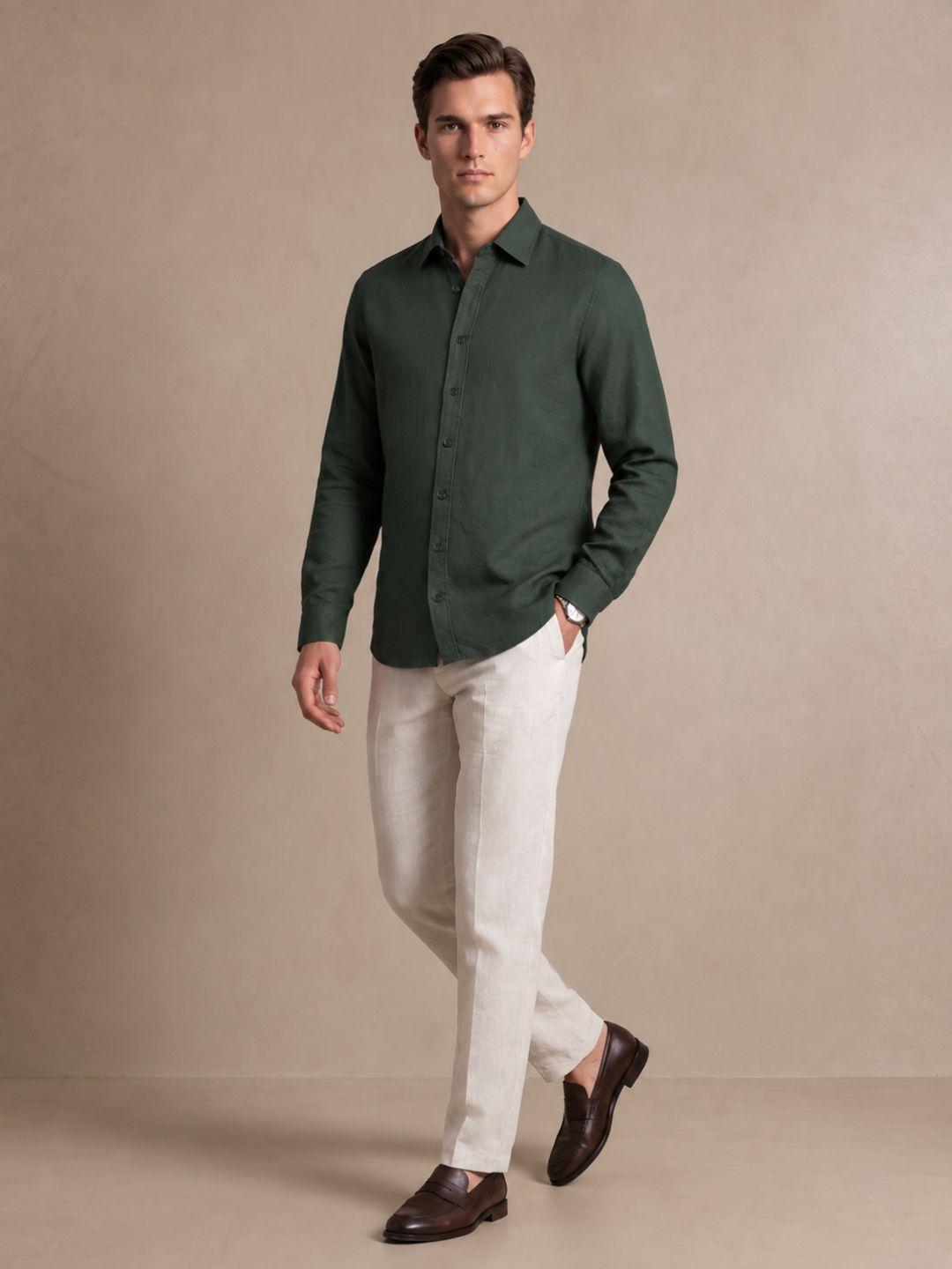 Iconic Men Green Solid Straight Fit Linen Shirt