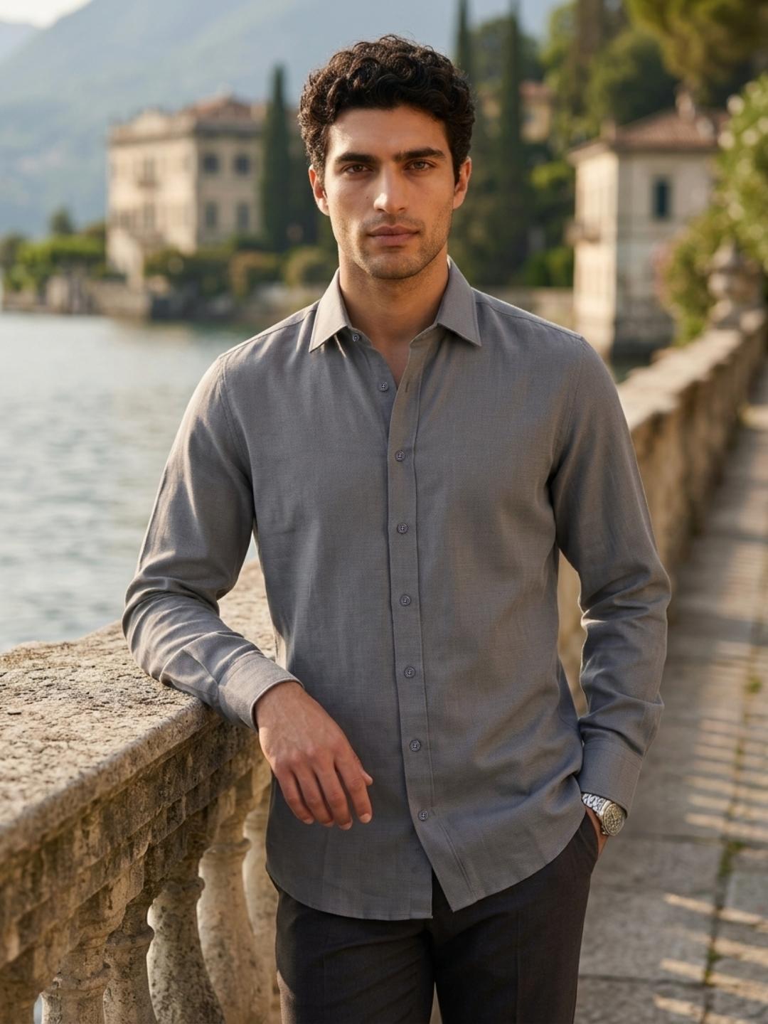 Iconic Men Grey Solid Regular Fit Classic Linen Shirt