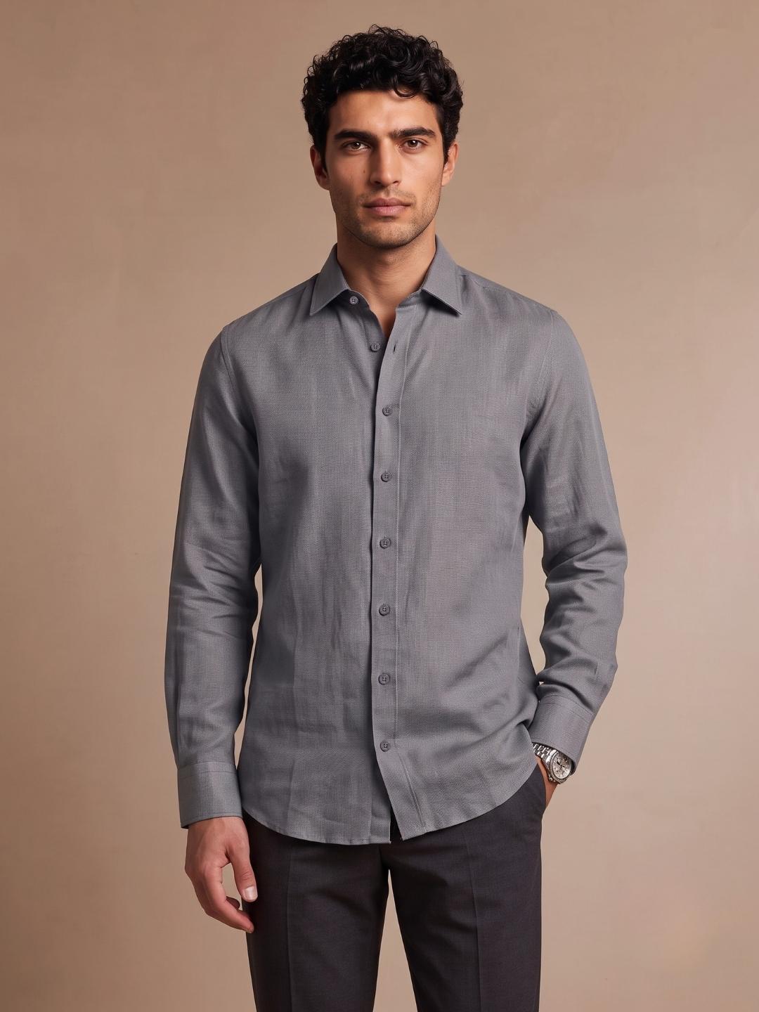 Iconic Men Grey Solid Regular Fit Classic Linen Shirt