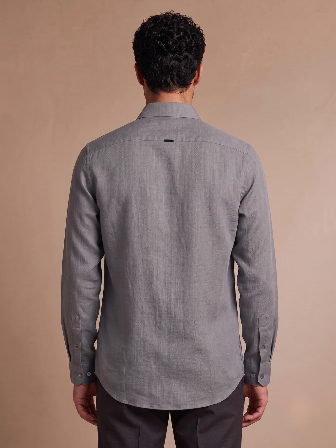 Iconic Men Grey Solid Regular Fit Classic Linen Shirt