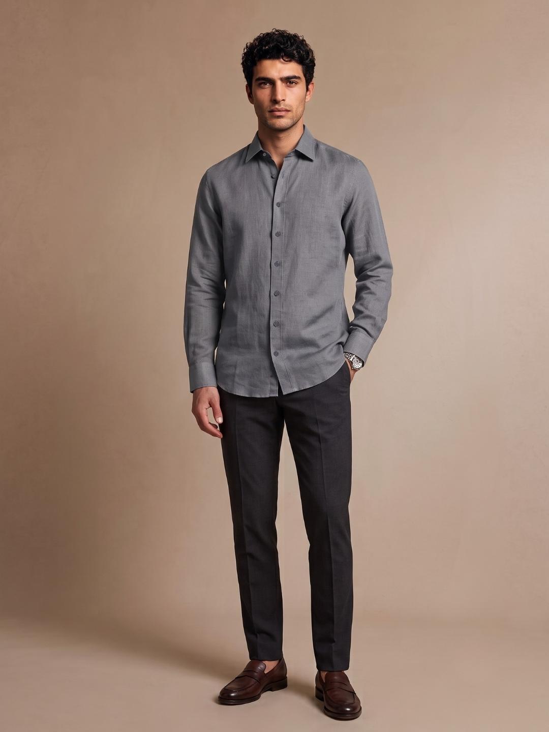Iconic Men Grey Solid Regular Fit Classic Linen Shirt