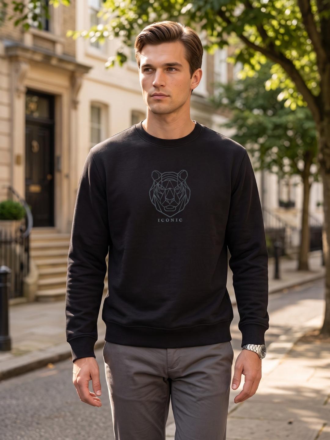 Iconic Men Black Graphic Regular Fit Sweatshirt