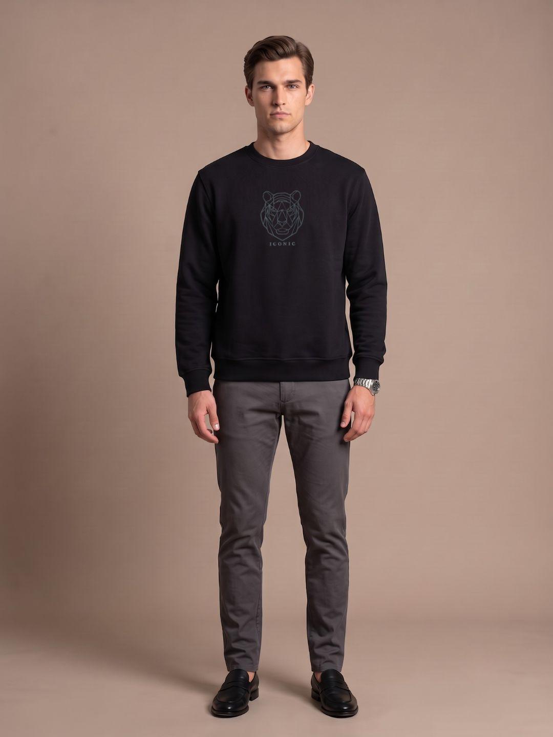 Iconic Men Black Graphic Regular Fit Sweatshirt