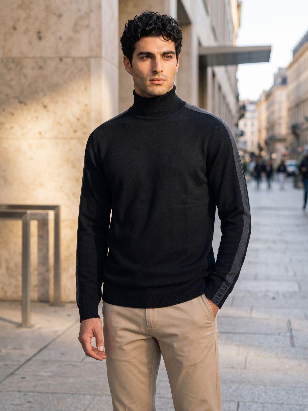 Iconic Men Black Colorblock Regular Fit Cotton Sweater