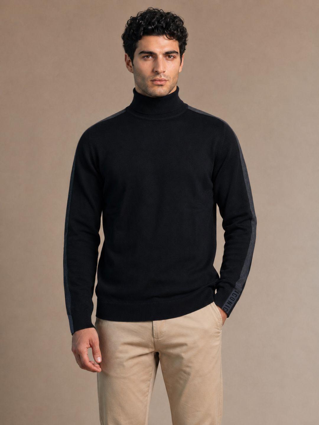 Iconic Men Black Colorblock Regular Fit Cotton Sweater