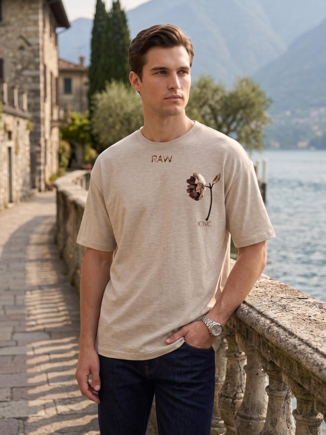 Iconic Men Beige Boxy Fit Graphic T-Shirt