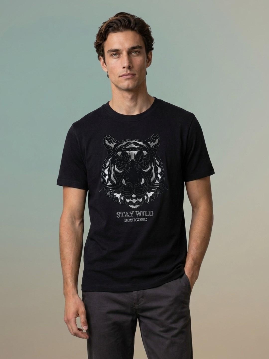 Iconic Men Black Regular Fit Graphic Cotton T-Shirt