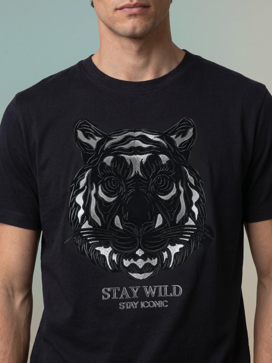 Iconic Men Black Regular Fit Graphic Cotton T-Shirt