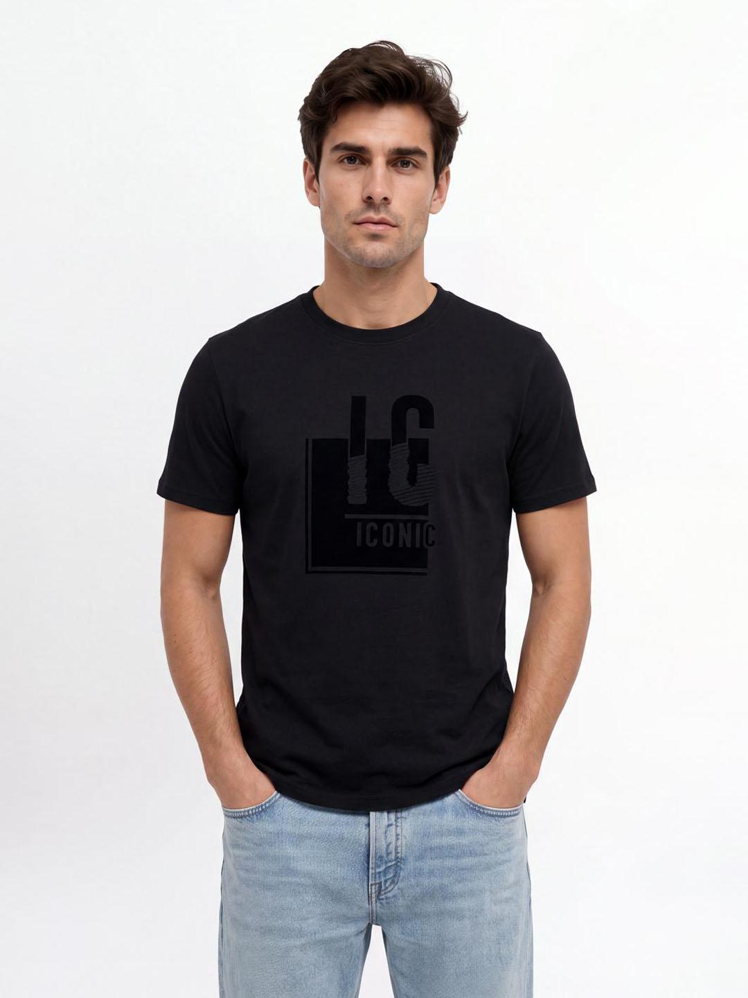 Iconic Men Black Graphic Straight Fit Cotton T-Shirt
