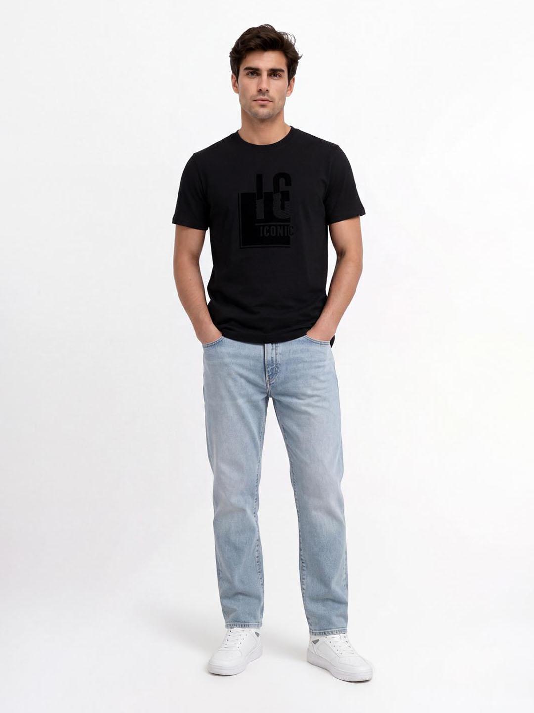 Iconic Men Black Graphic Straight Fit Cotton T-Shirt