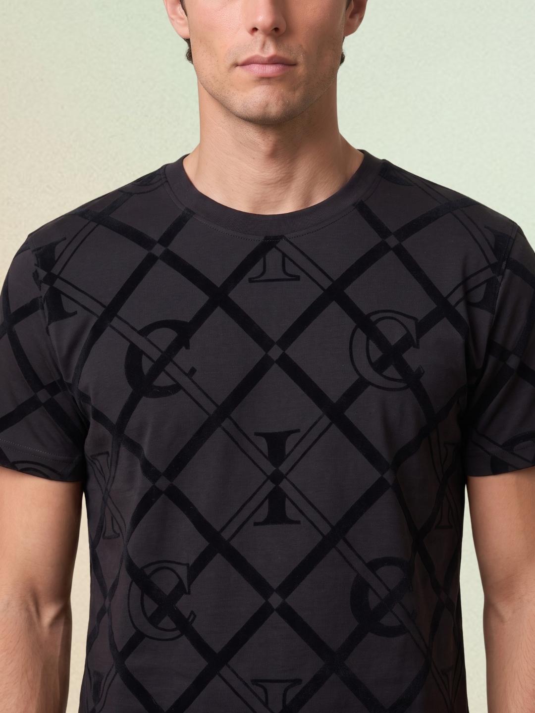Iconic Men Charcoal Black Regular Fit Graphic Cotton T-Shirt