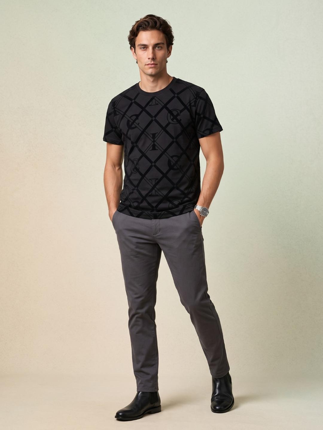 Iconic Men Charcoal Black Regular Fit Graphic Cotton T-Shirt