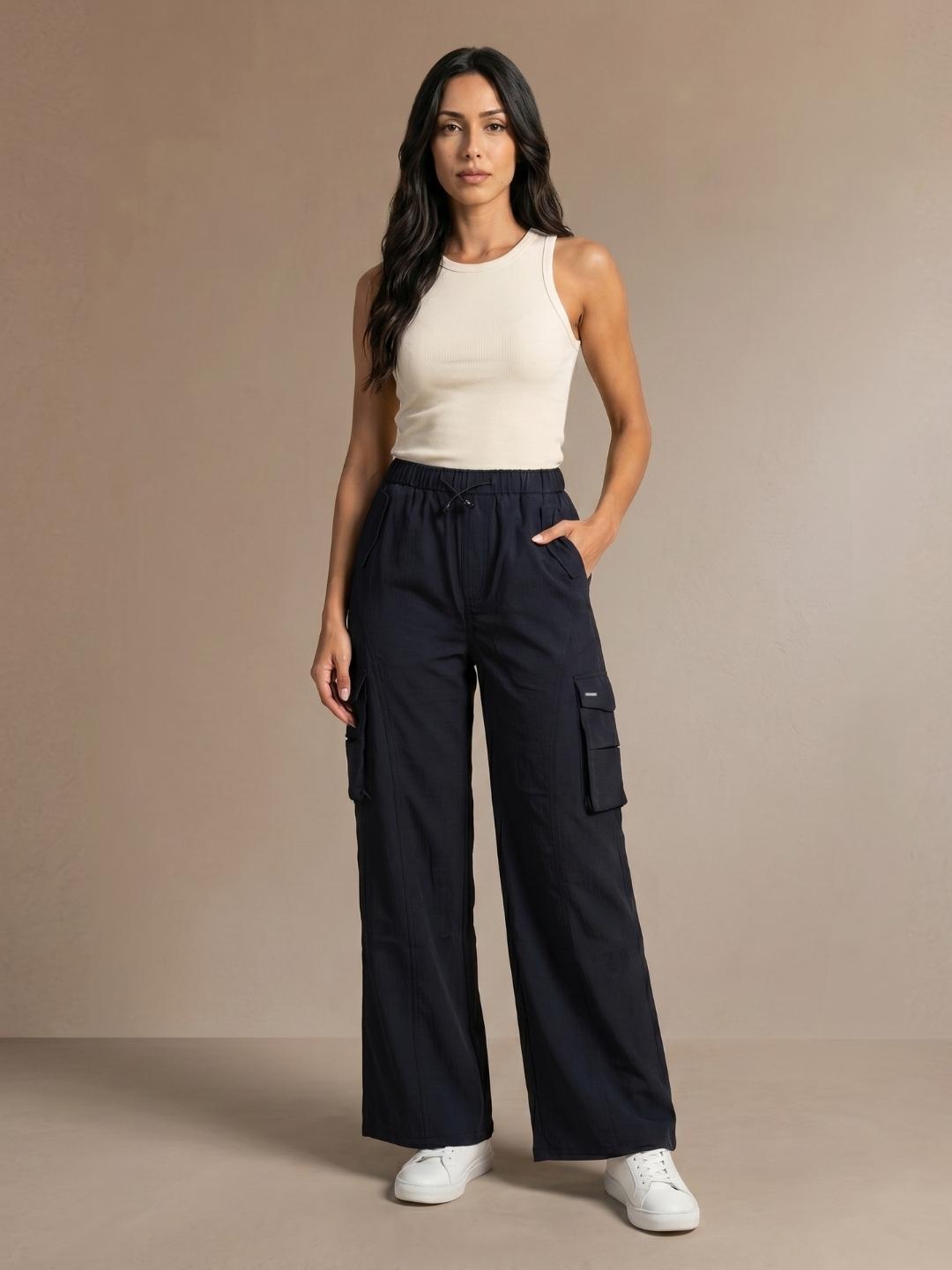 Iconic Women Dark Navy Straight Fit Solid Cargo
