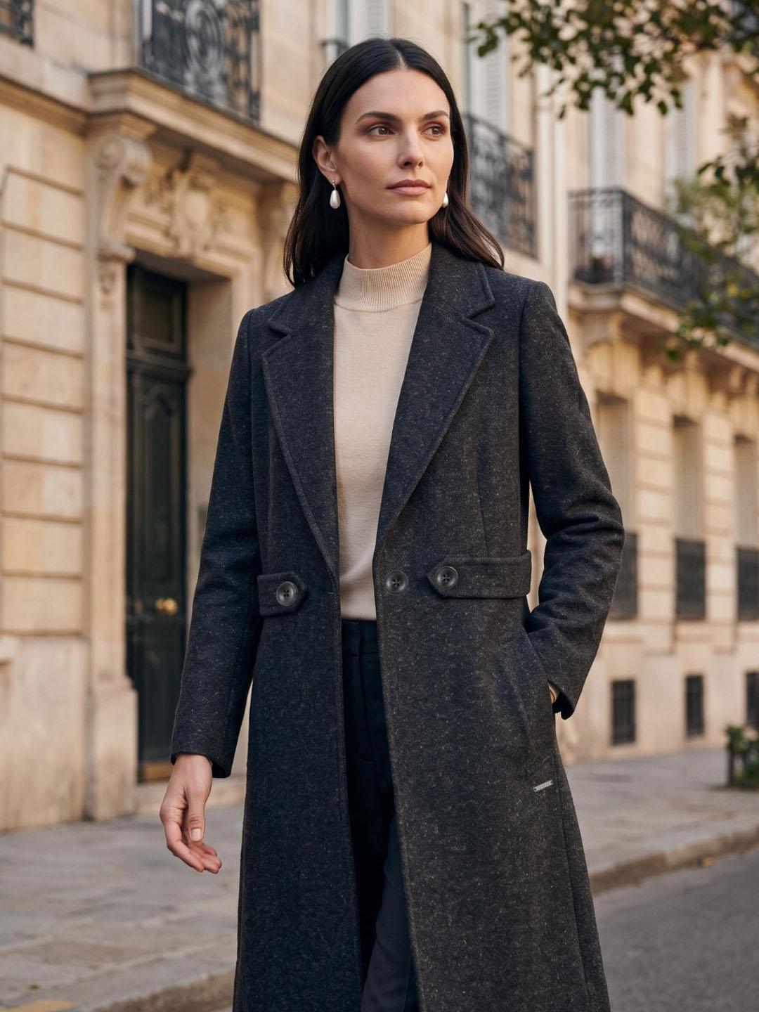 Iconic Women Black Solid Regular Fit Overcoat
