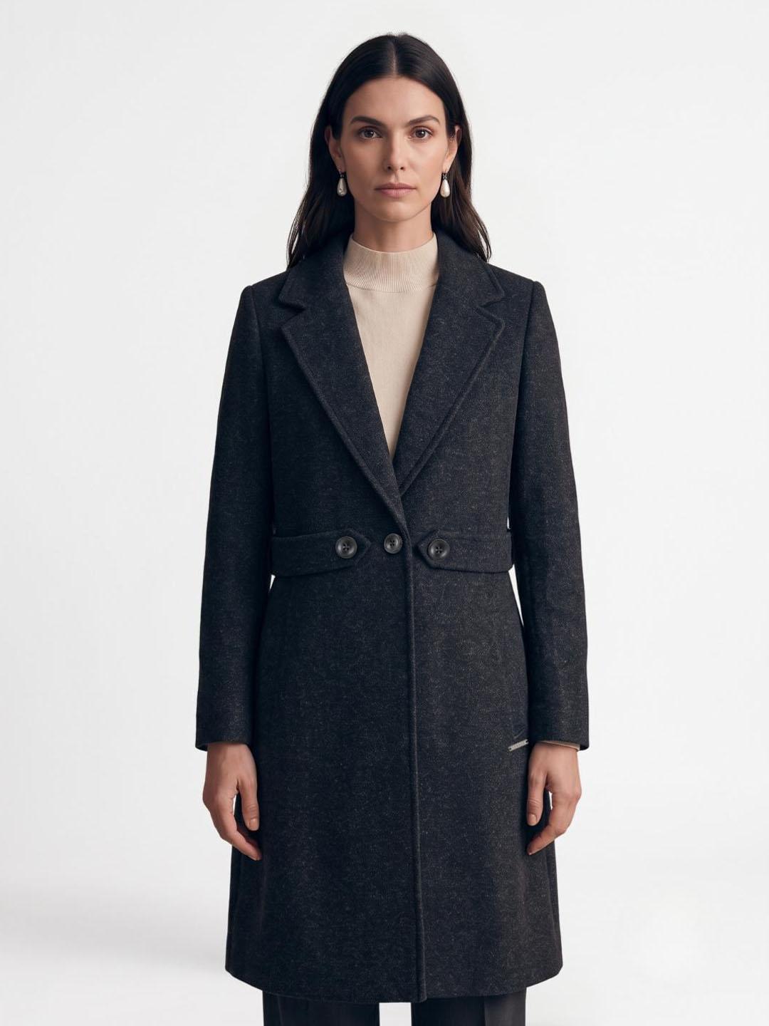 Iconic Women Black Solid Regular Fit Overcoat