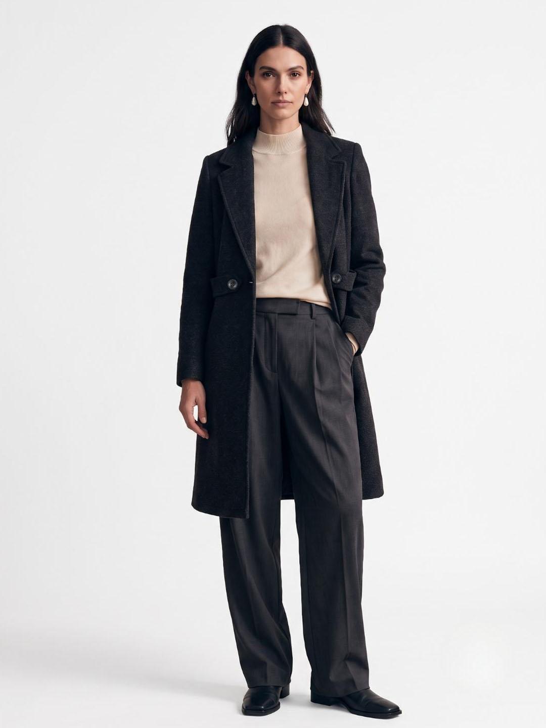 Iconic Women Black Solid Regular Fit Overcoat