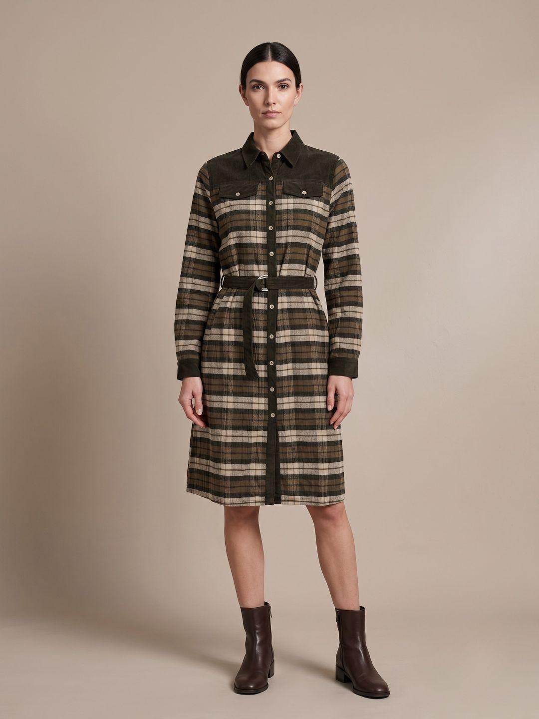Iconic Women Green Straight Fit Checked Cotton Shirt Dress